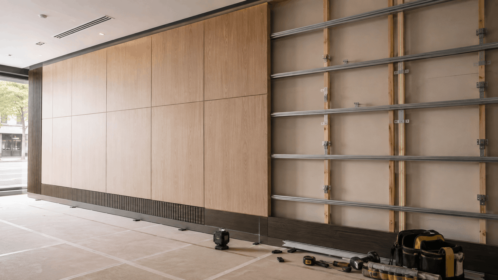 Timber wall panelling installed over an exposed steel and timber batten framework mid-fit-out